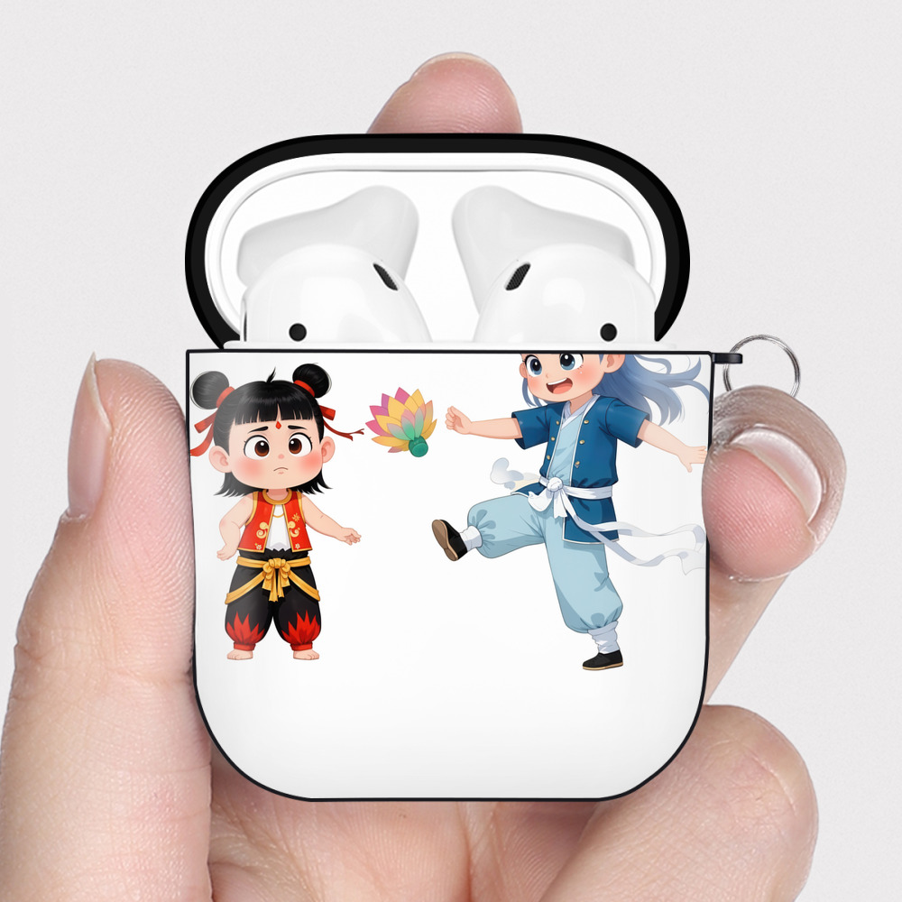 （画像用） Ne Zha 2 ナタ 魔童の大暴れ AirPods 第2世代保護ケース ハードシェル ブラック 耐衝撃・防指紋・カラビナ付き