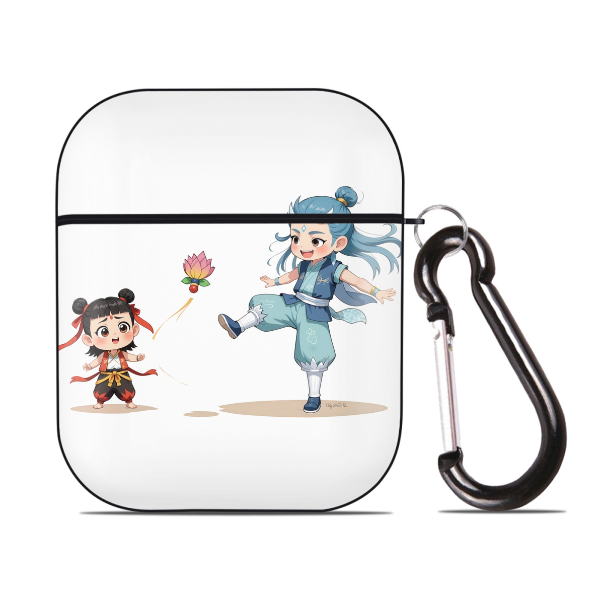 （画像用） Ne Zha 2 ナタ 魔童の大暴れ AirPods 第2世代保護ケース ハードシェル ブラック 耐衝撃・防指紋・カラビナ付き