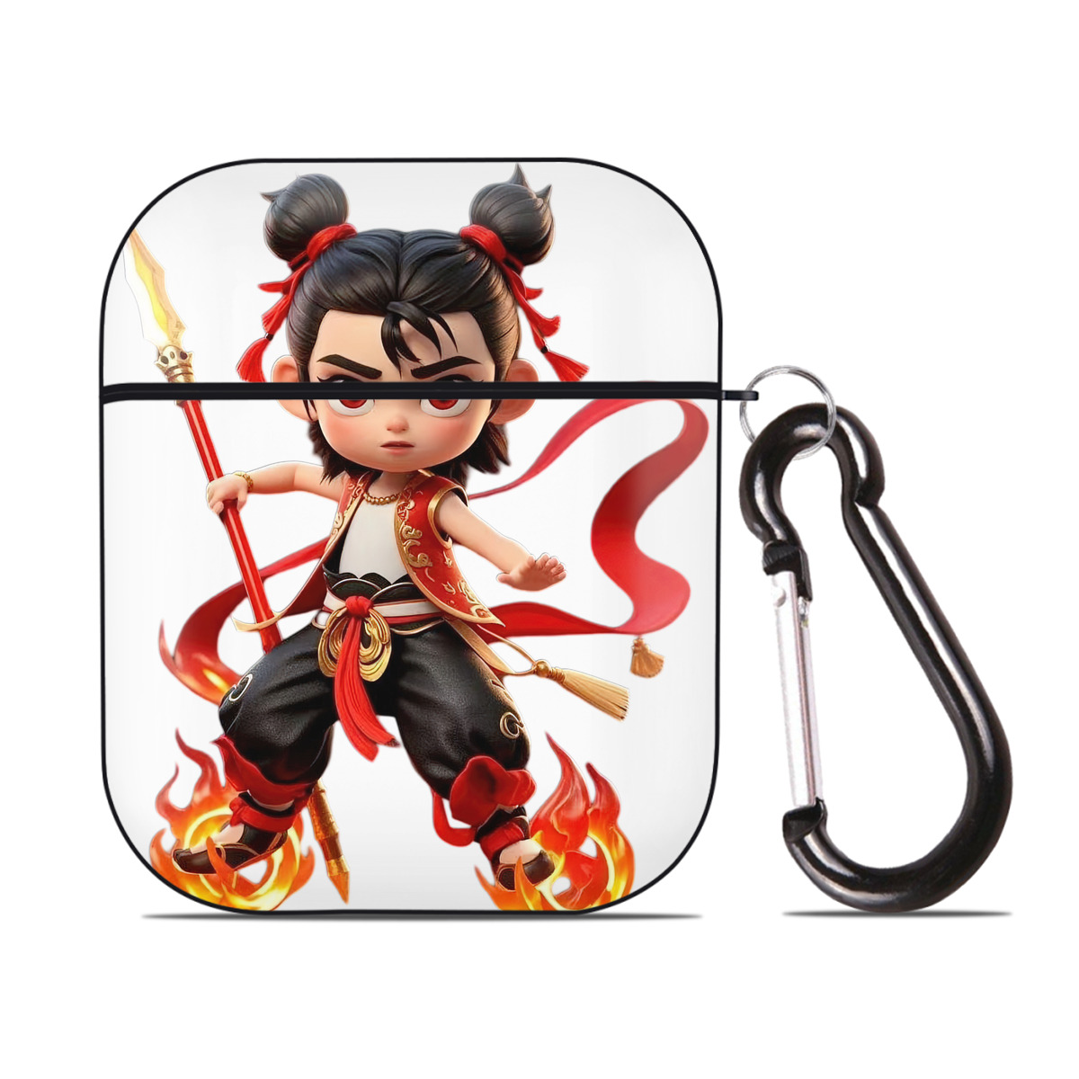 （画像用） Ne Zha 2 ナタ 魔童の大暴れ AirPods 第2世代保護ケース ハードシェル ブラック 耐衝撃・防指紋・カラビナ付き