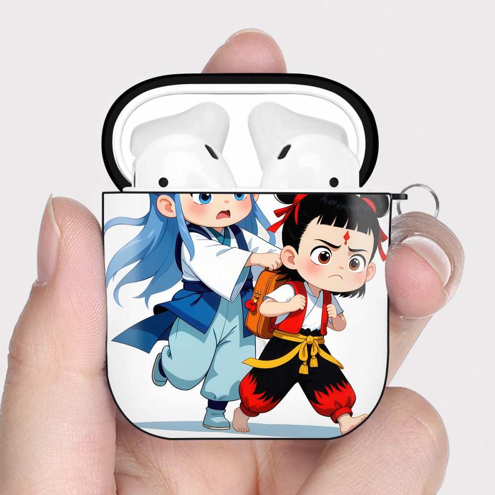 （画像用） Ne Zha 2 ナタ 魔童の大暴れ AirPods 第2世代保護ケース ハードシェル ブラック 耐衝撃・防指紋・カラビナ付き