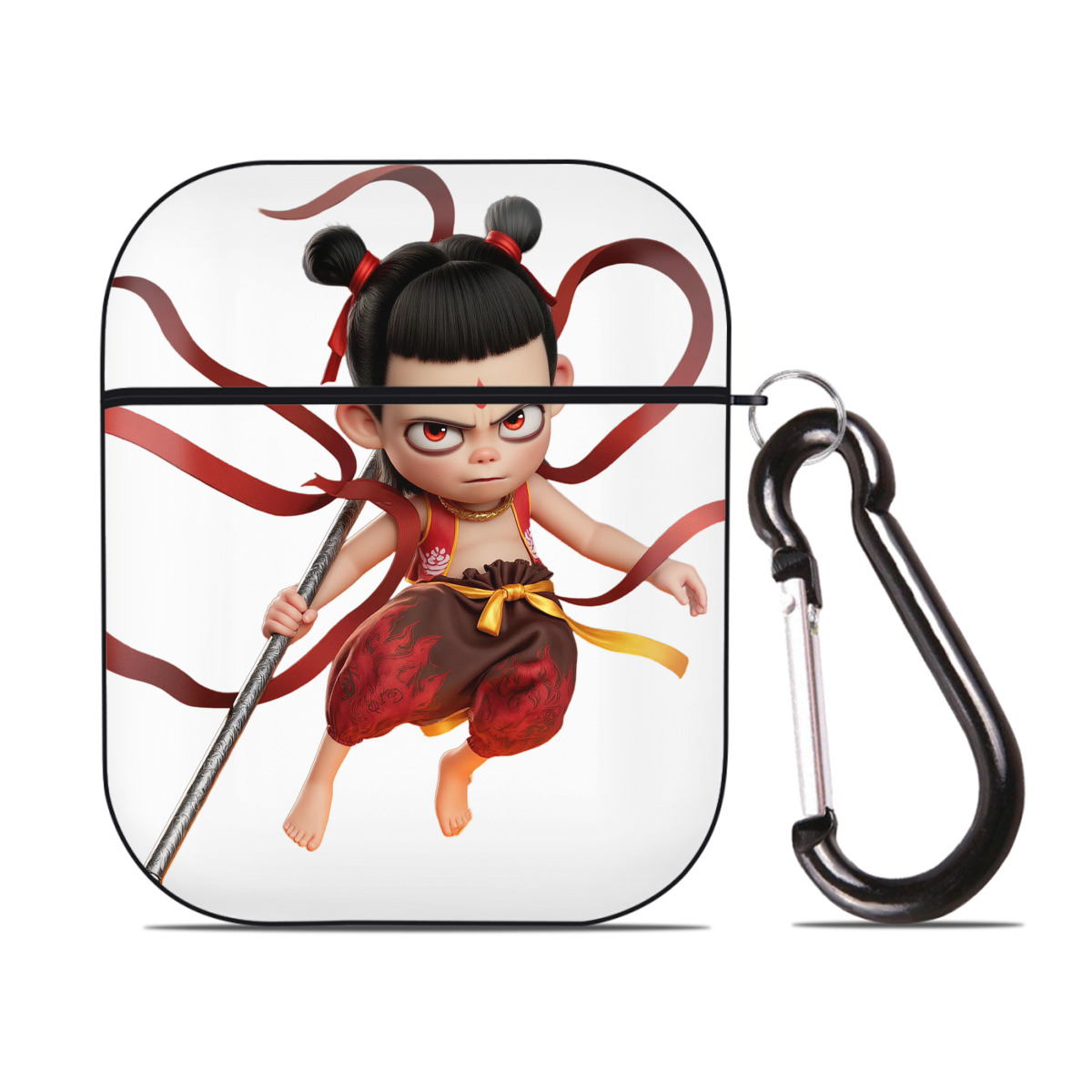 （画像用） Ne Zha 2 ナタ 魔童の大暴れ AirPods 第2世代保護ケース ハードシェル ブラック 耐衝撃・防指紋・カラビナ付き