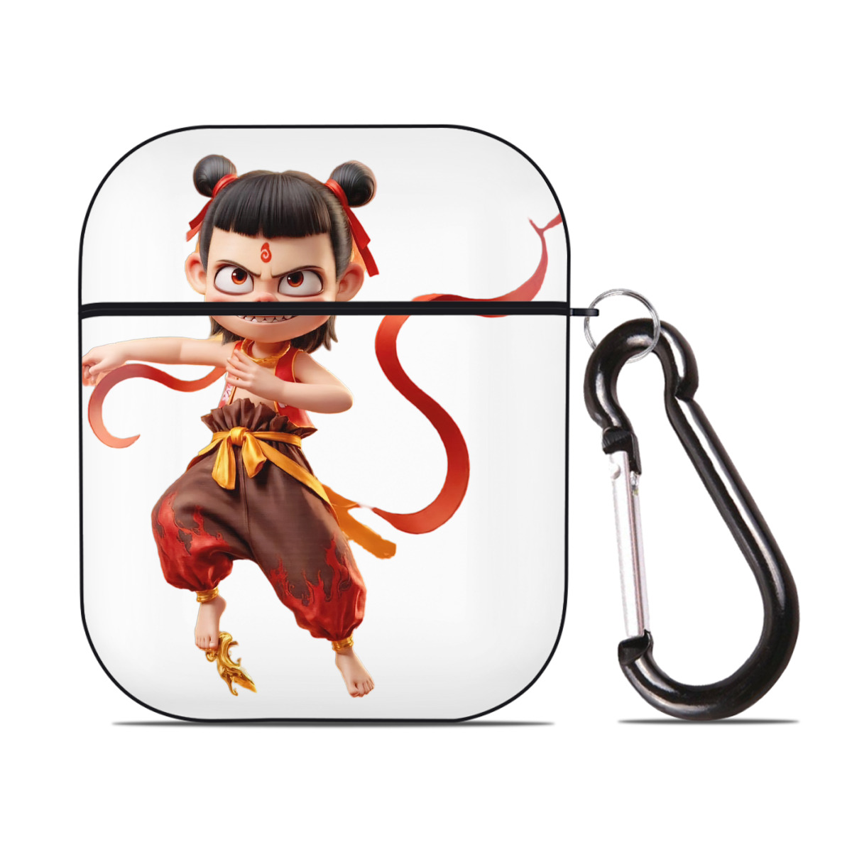 （画像用） Ne Zha 2 ナタ 魔童の大暴れ AirPods 第2世代保護ケース ハードシェル ブラック 耐衝撃・防指紋・カラビナ付き