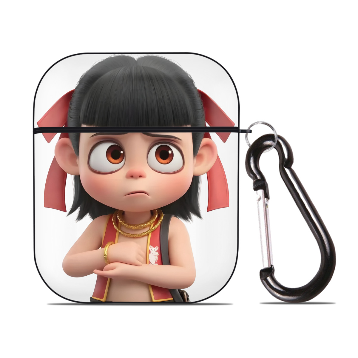 （画像用） Ne Zha 2 ナタ 魔童の大暴れ AirPods 第2世代保護ケース ハードシェル ブラック 耐衝撃・防指紋・カラビナ付き