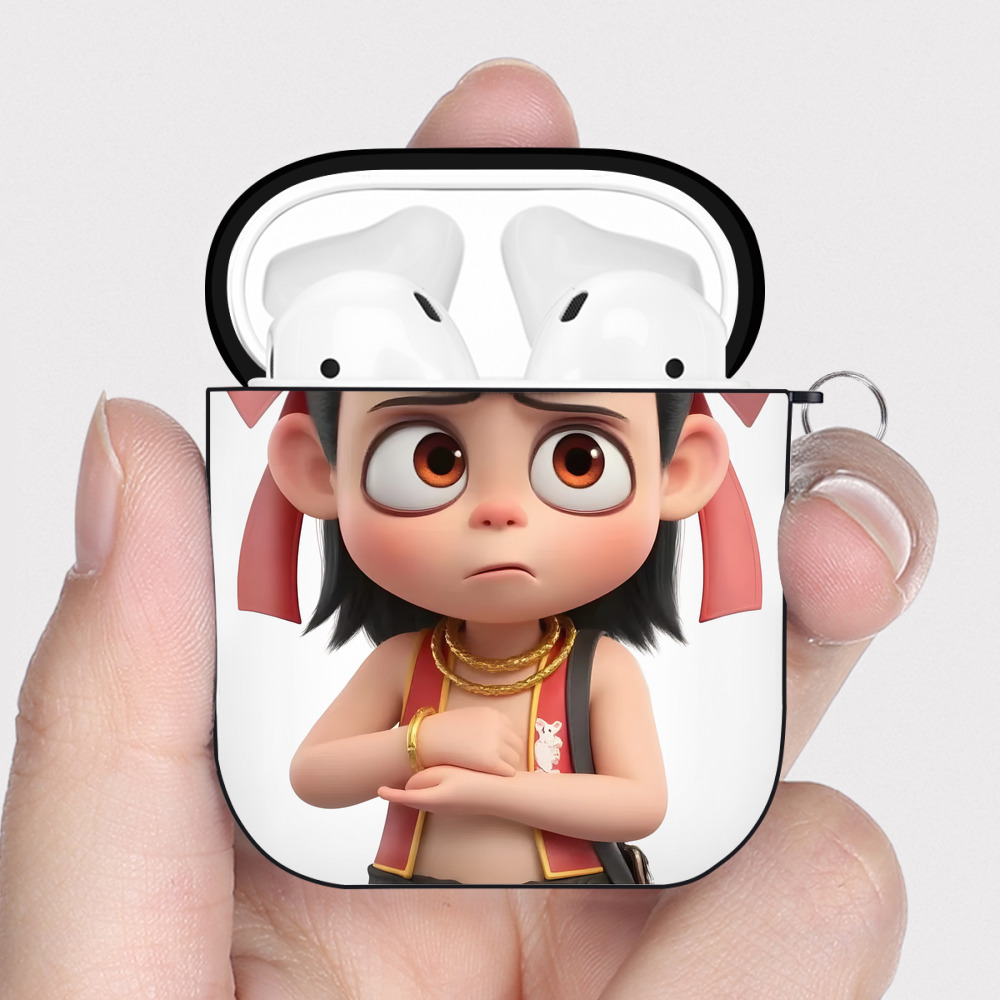 （画像用） Ne Zha 2 ナタ 魔童の大暴れ AirPods 第2世代保護ケース ハードシェル ブラック 耐衝撃・防指紋・カラビナ付き