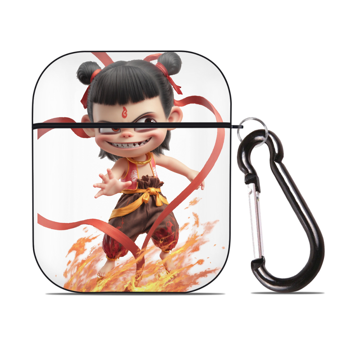（画像用） Ne Zha 2 ナタ 魔童の大暴れ AirPods 第2世代保護ケース ハードシェル ブラック 耐衝撃・防指紋・カラビナ付き