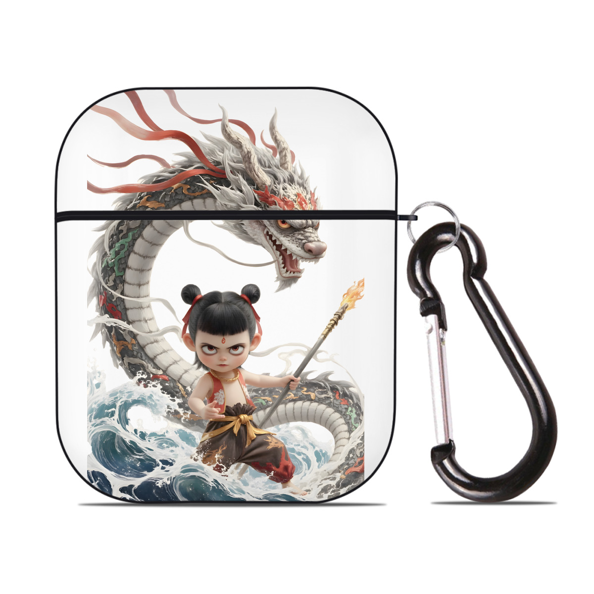 （画像用） Ne Zha 2 ナタ 魔童の大暴れ AirPods 第2世代保護ケース ハードシェル ブラック 耐衝撃・防指紋・カラビナ付き