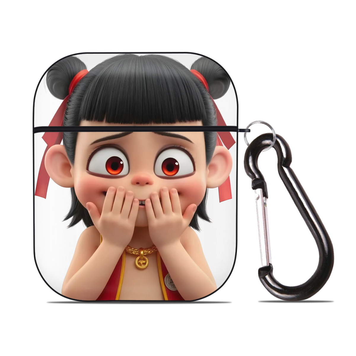 （画像用） Ne Zha 2 ナタ 魔童の大暴れ AirPods 第2世代保護ケース ハードシェル ブラック 耐衝撃・防指紋・カラビナ付き