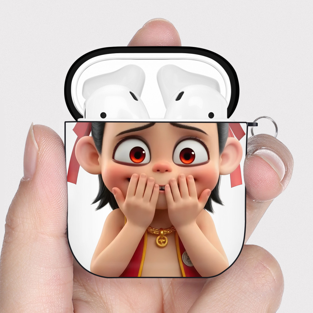 （画像用） Ne Zha 2 ナタ 魔童の大暴れ AirPods 第2世代保護ケース ハードシェル ブラック 耐衝撃・防指紋・カラビナ付き