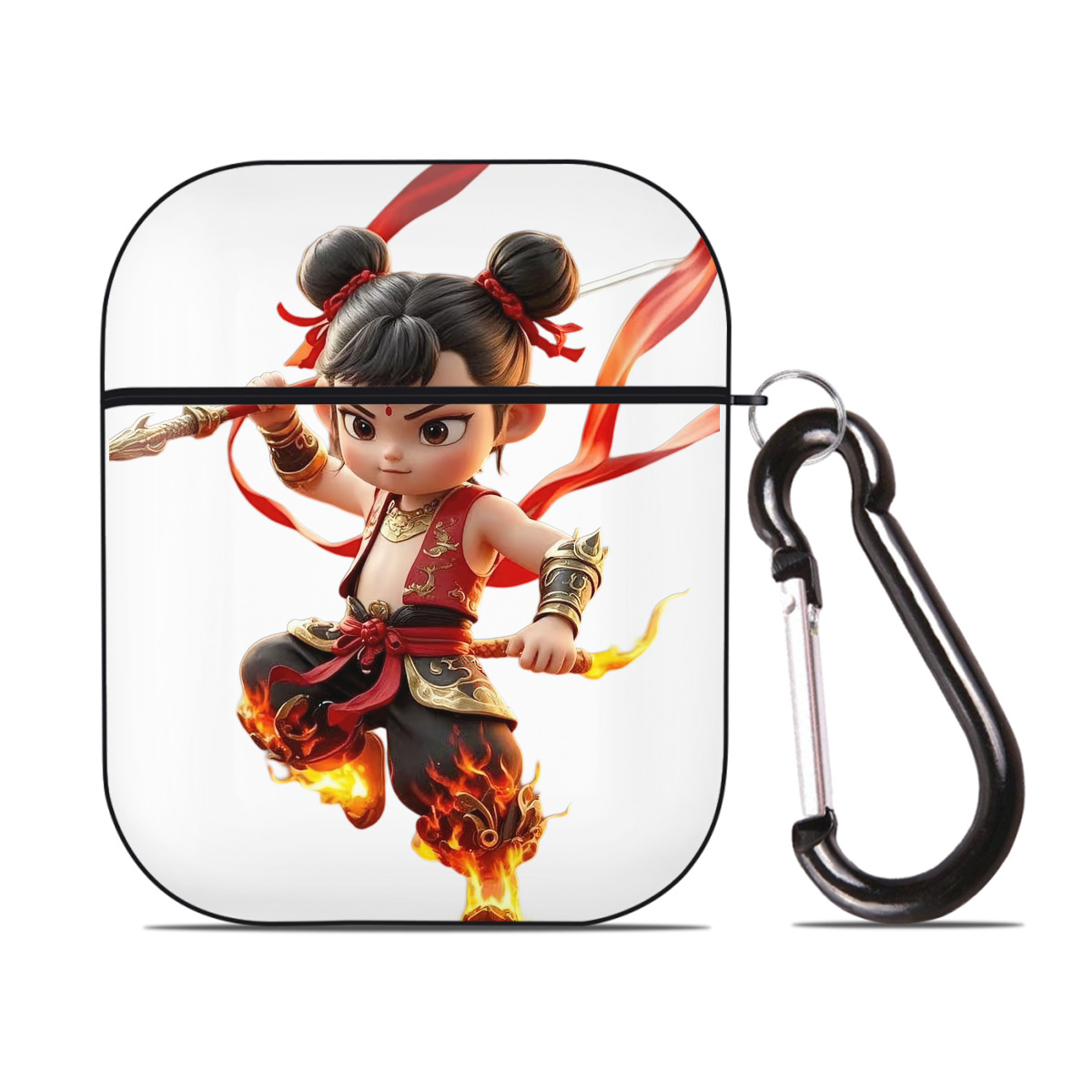 （画像用） Ne Zha 2 ナタ 魔童の大暴れ AirPods 第2世代保護ケース ハードシェル ブラック 耐衝撃・防指紋・カラビナ付き