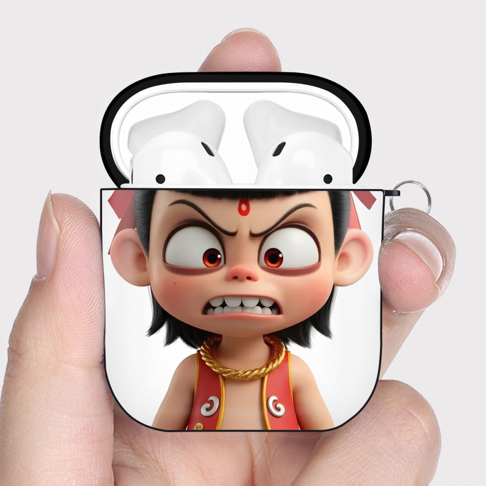 （画像用） Ne Zha 2 ナタ 魔童の大暴れ AirPods 第2世代保護ケース ハードシェル ブラック 耐衝撃・防指紋・カラビナ付き