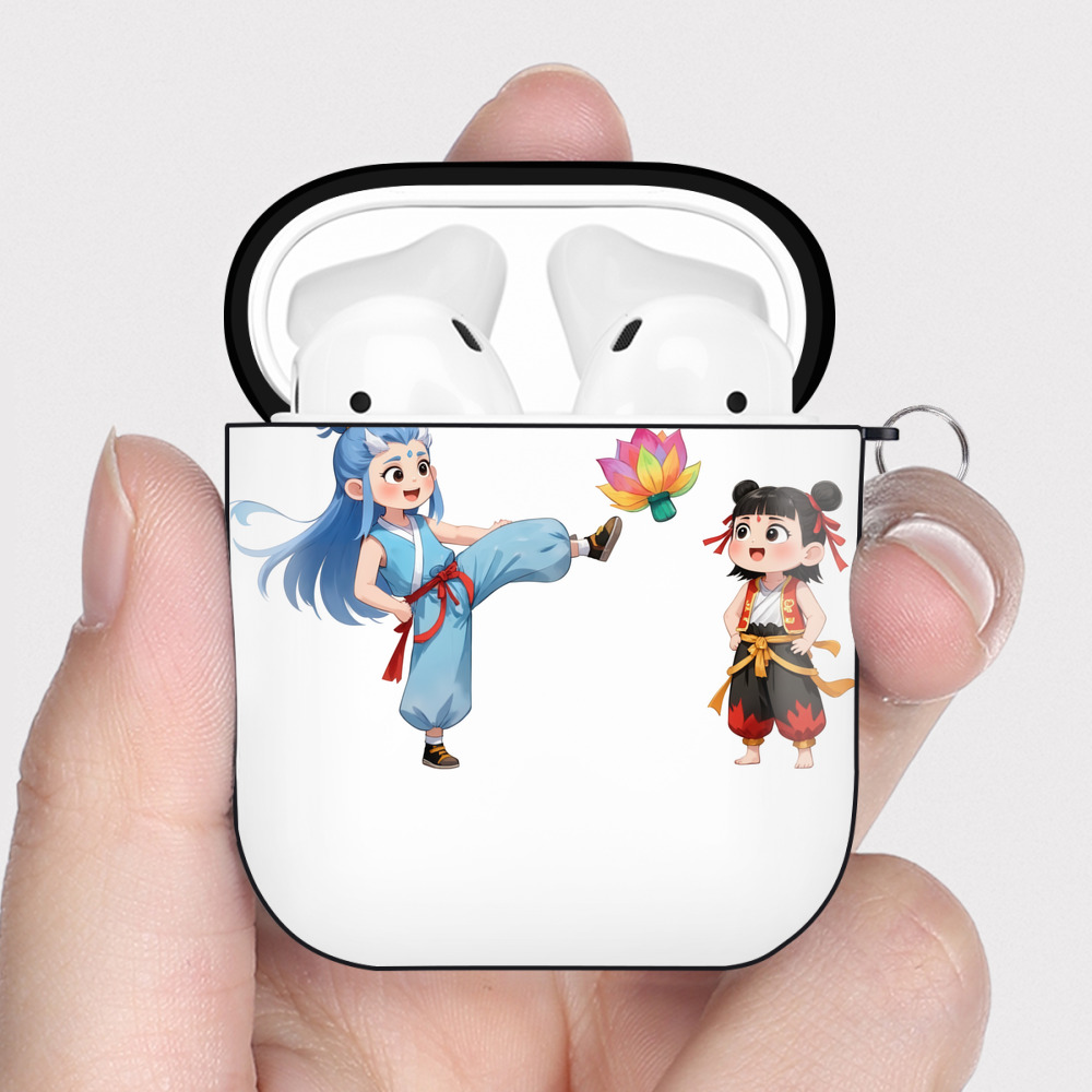 （画像用） Ne Zha 2 ナタ 魔童の大暴れ AirPods 第2世代保護ケース ハードシェル ブラック 耐衝撃・防指紋・カラビナ付き