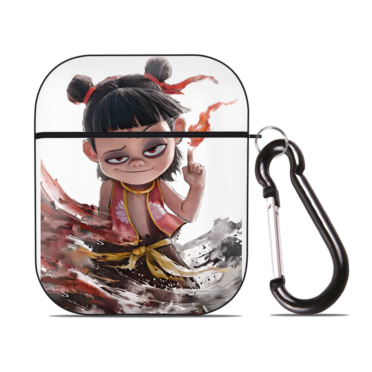 （画像用） Ne Zha 2 ナタ 魔童の大暴れ AirPods 第2世代保護ケース ハードシェル ブラック 耐衝撃・防指紋・カラビナ付き