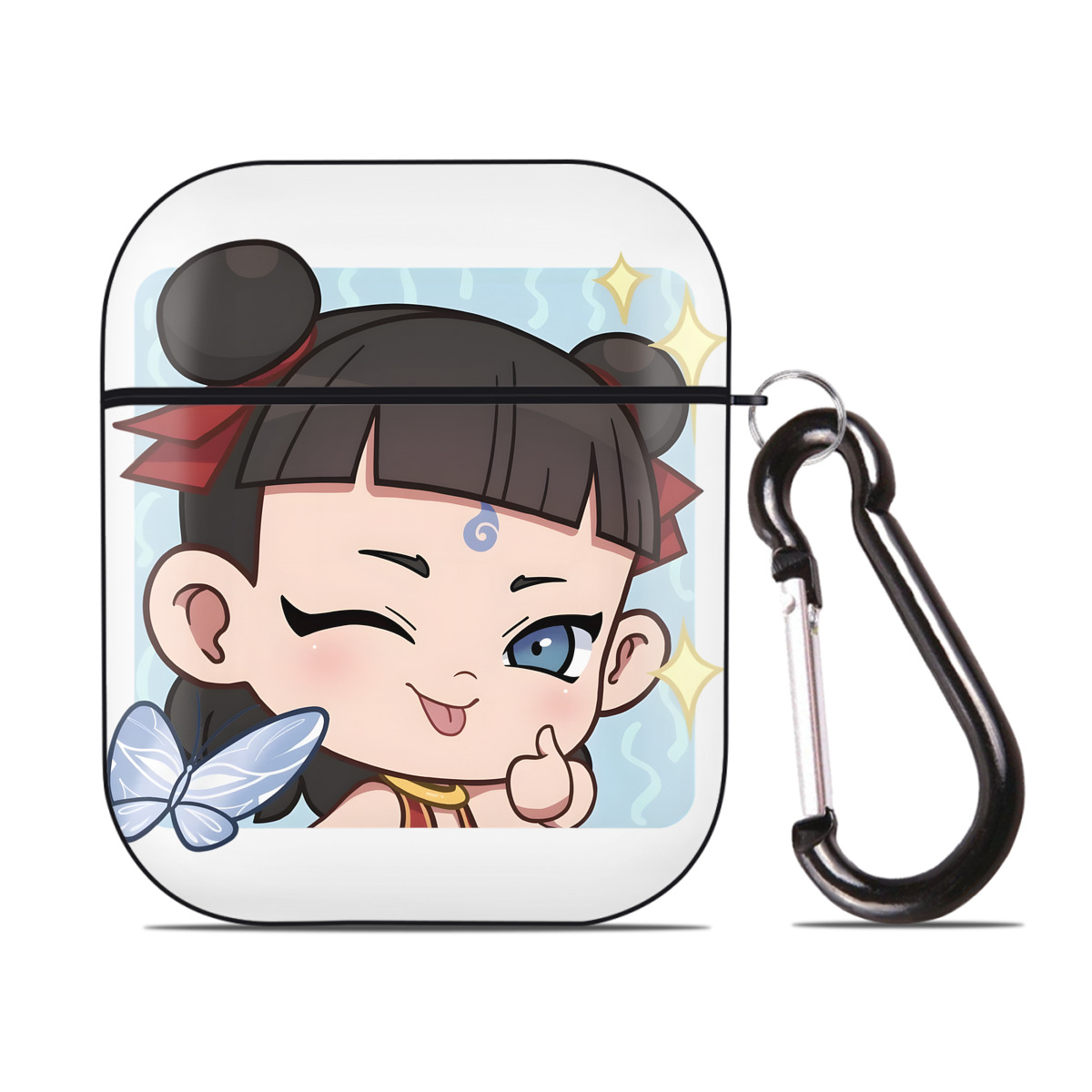 （画像用） Ne Zha 2 ナタ 魔童の大暴れ AirPods 第2世代保護ケース ハードシェル ブラック 耐衝撃・防指紋・カラビナ付き