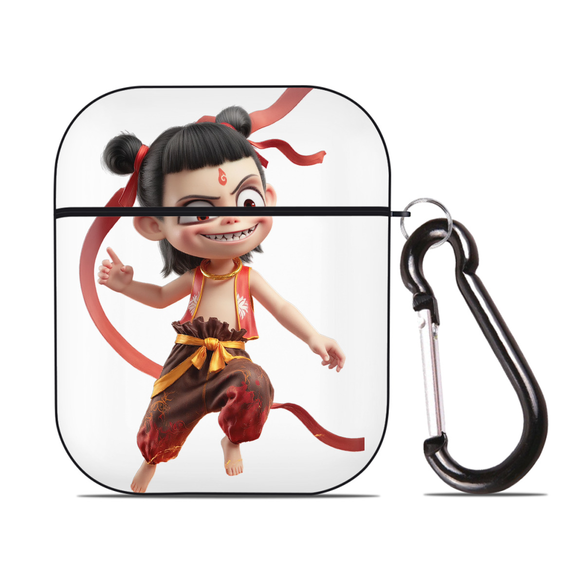 （画像用） Ne Zha 2 ナタ 魔童の大暴れ AirPods 第2世代保護ケース ハードシェル ブラック 耐衝撃・防指紋・カラビナ付き