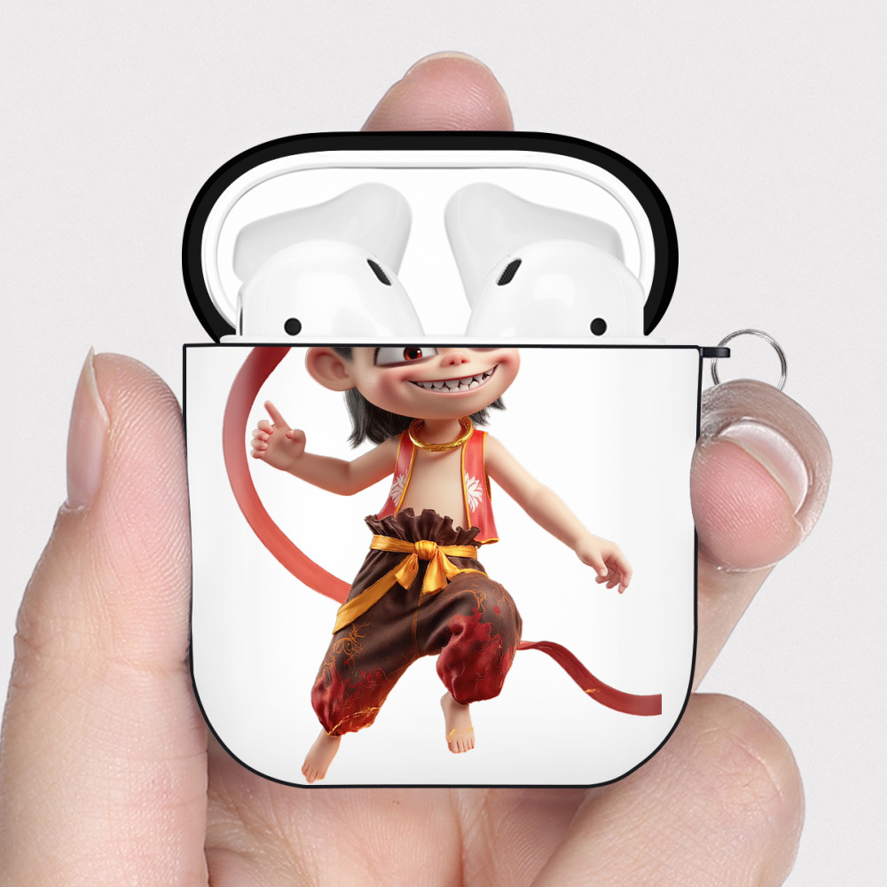 （画像用） Ne Zha 2 ナタ 魔童の大暴れ AirPods 第2世代保護ケース ハードシェル ブラック 耐衝撃・防指紋・カラビナ付き