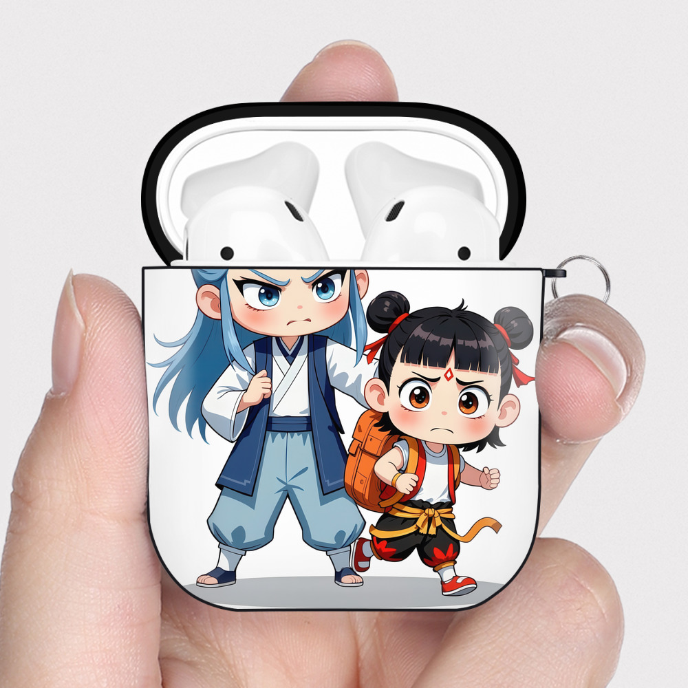 （画像用） Ne Zha 2 ナタ 魔童の大暴れ AirPods 第2世代保護ケース ハードシェル ブラック 耐衝撃・防指紋・カラビナ付き