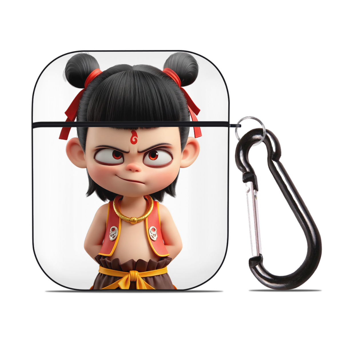 （画像用） Ne Zha 2 ナタ 魔童の大暴れ AirPods 第2世代保護ケース ハードシェル ブラック 耐衝撃・防指紋・カラビナ付き