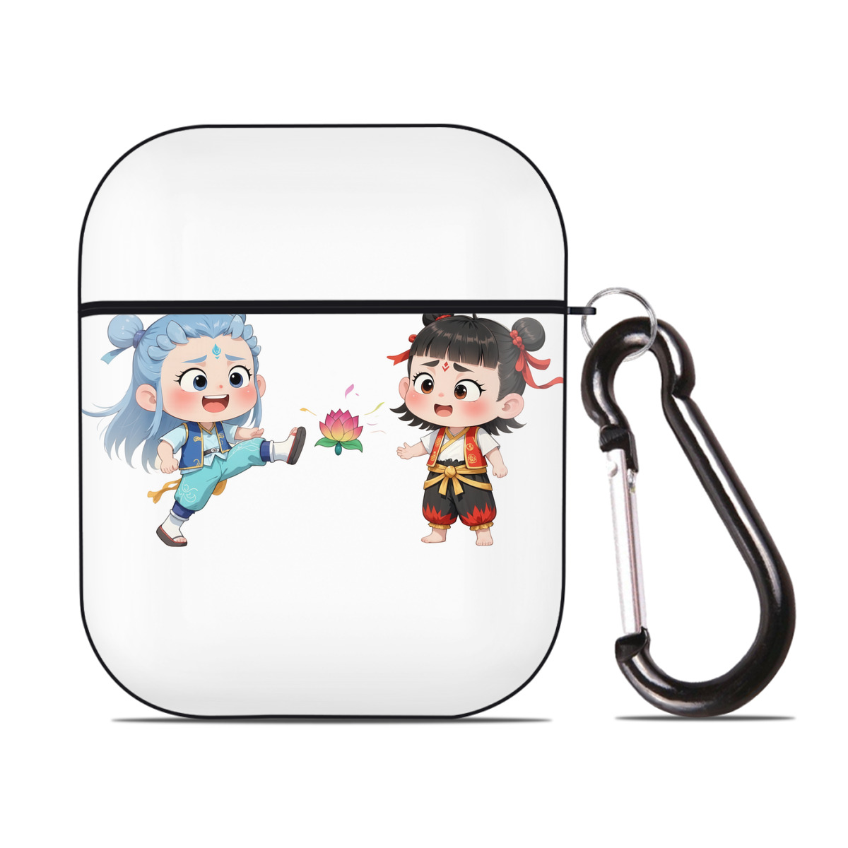 （画像用） Ne Zha 2 ナタ 魔童の大暴れ AirPods 第2世代保護ケース ハードシェル ブラック 耐衝撃・防指紋・カラビナ付き