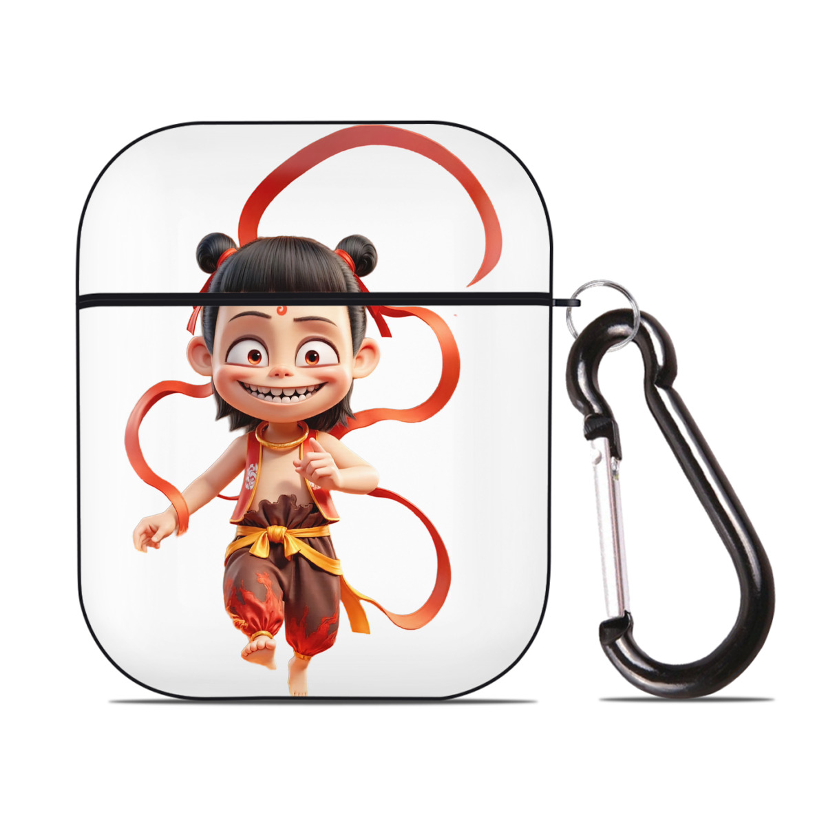 （画像用） Ne Zha 2 ナタ 魔童の大暴れ AirPods 第2世代保護ケース ハードシェル ブラック 耐衝撃・防指紋・カラビナ付き