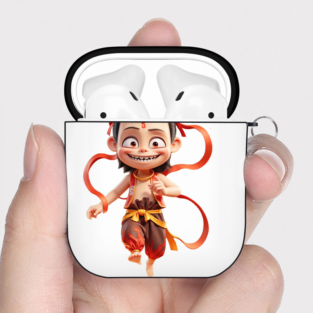 （画像用） Ne Zha 2 ナタ 魔童の大暴れ AirPods 第2世代保護ケース ハードシェル ブラック 耐衝撃・防指紋・カラビナ付き