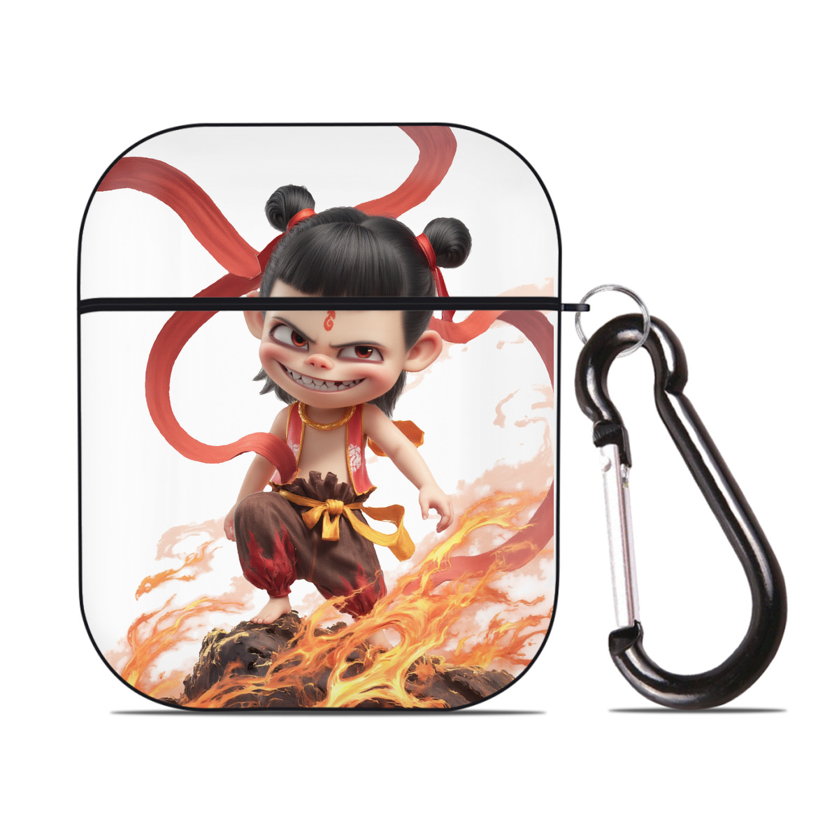 （画像用） Ne Zha 2 ナタ 魔童の大暴れ AirPods 第2世代保護ケース ハードシェル ブラック 耐衝撃・防指紋・カラビナ付き