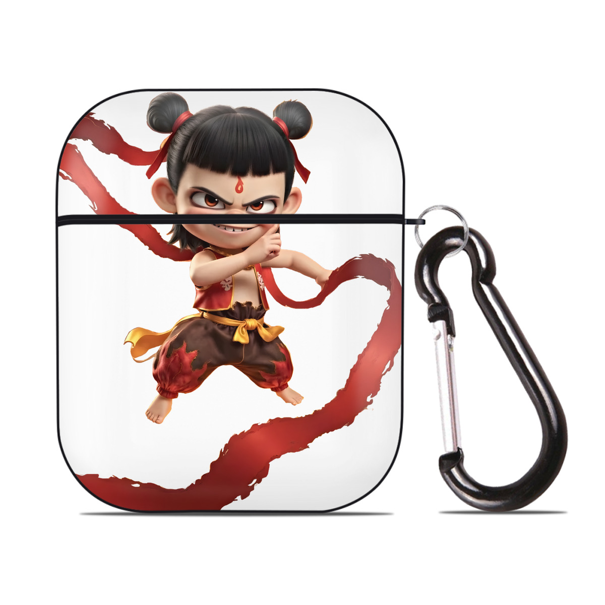 （画像用） Ne Zha 2 ナタ 魔童の大暴れ AirPods 第2世代保護ケース ハードシェル ブラック 耐衝撃・防指紋・カラビナ付き