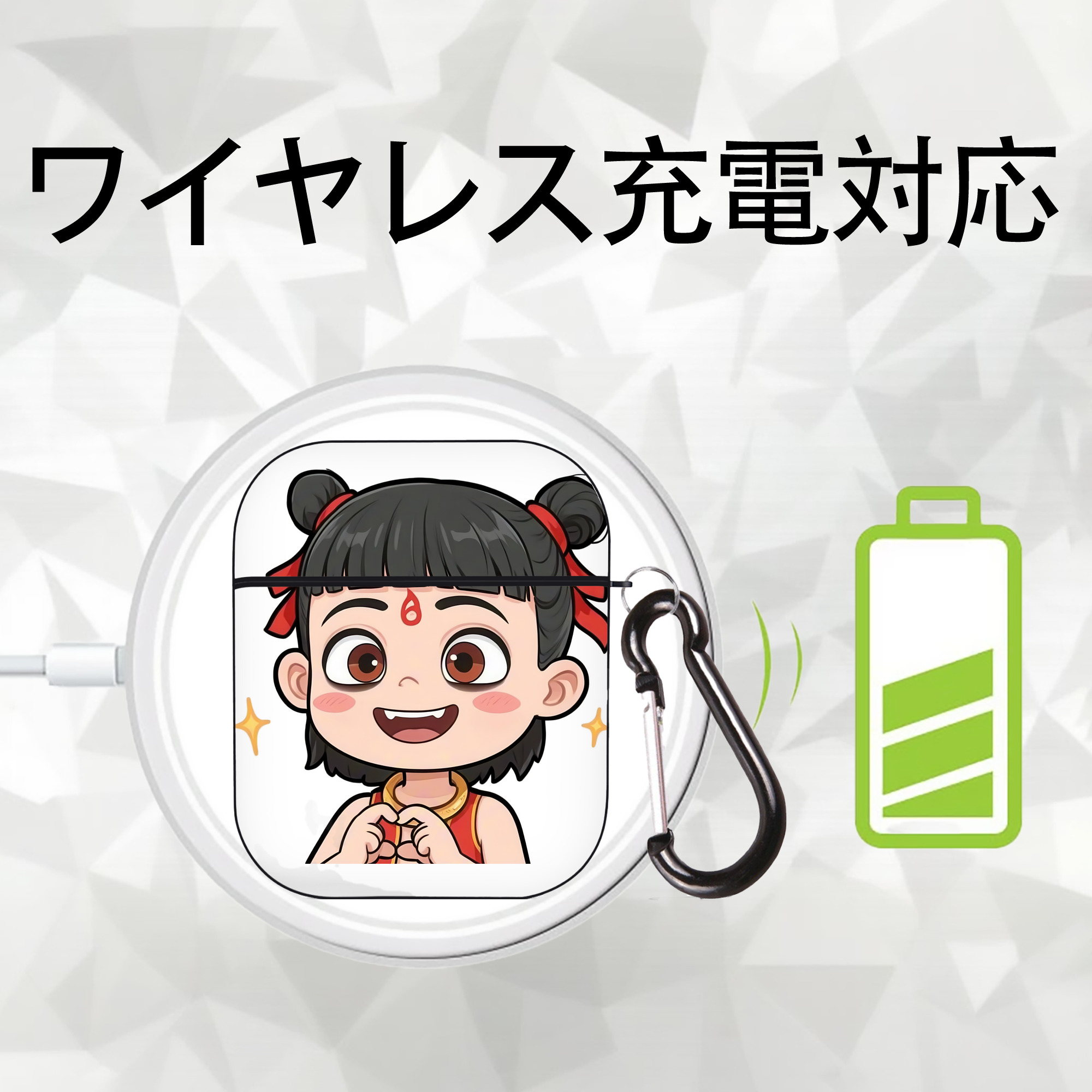 Ne Zha 2 ナタ 魔童の大暴れ AirPods 第2世代保護ケース ハードシェル ブラック 耐衝撃・防指紋・カラビナ付き