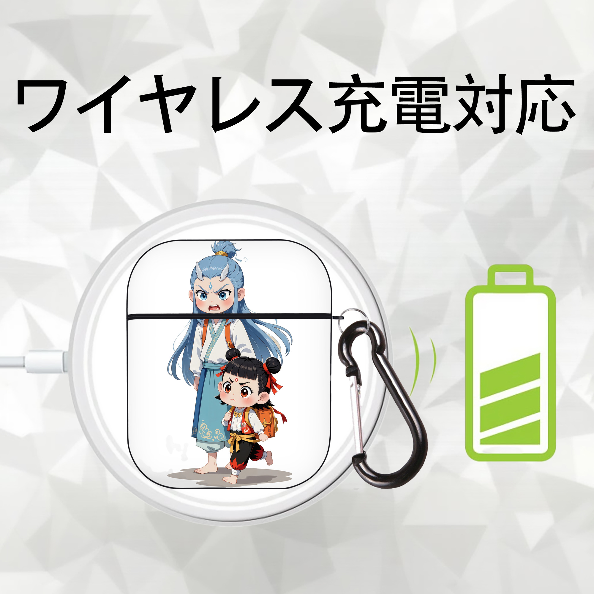Ne Zha 2 ナタ 魔童の大暴れ AirPods 第2世代保護ケース ハードシェル ブラック 耐衝撃・防指紋・カラビナ付き