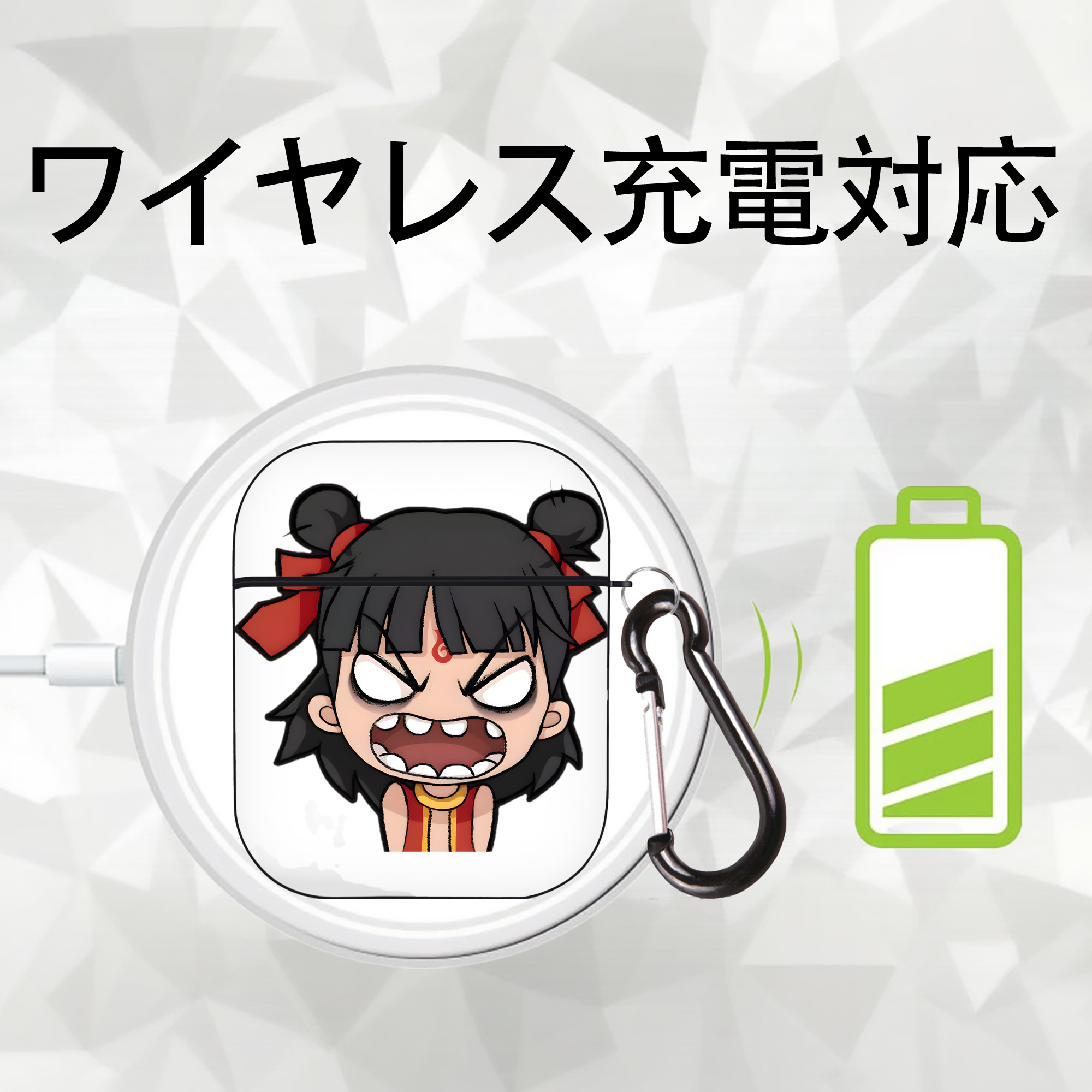 Ne Zha 2 ナタ 魔童の大暴れ AirPods 第2世代保護ケース ハードシェル ブラック 耐衝撃・防指紋・カラビナ付き