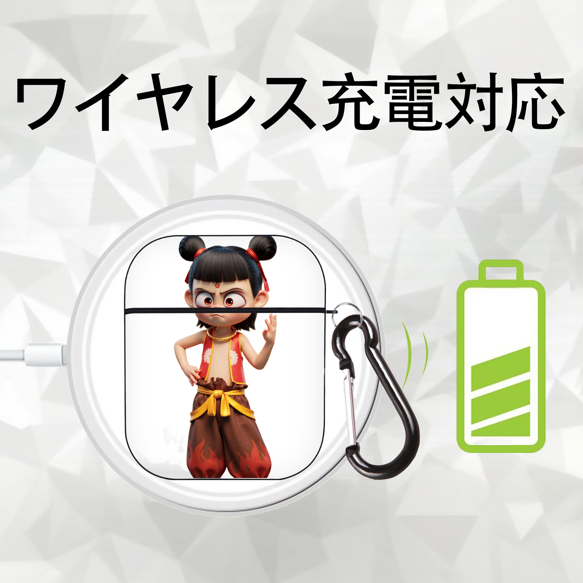 Ne Zha 2 ナタ 魔童の大暴れ AirPods 第2世代保護ケース ハードシェル ブラック 耐衝撃・防指紋・カラビナ付き