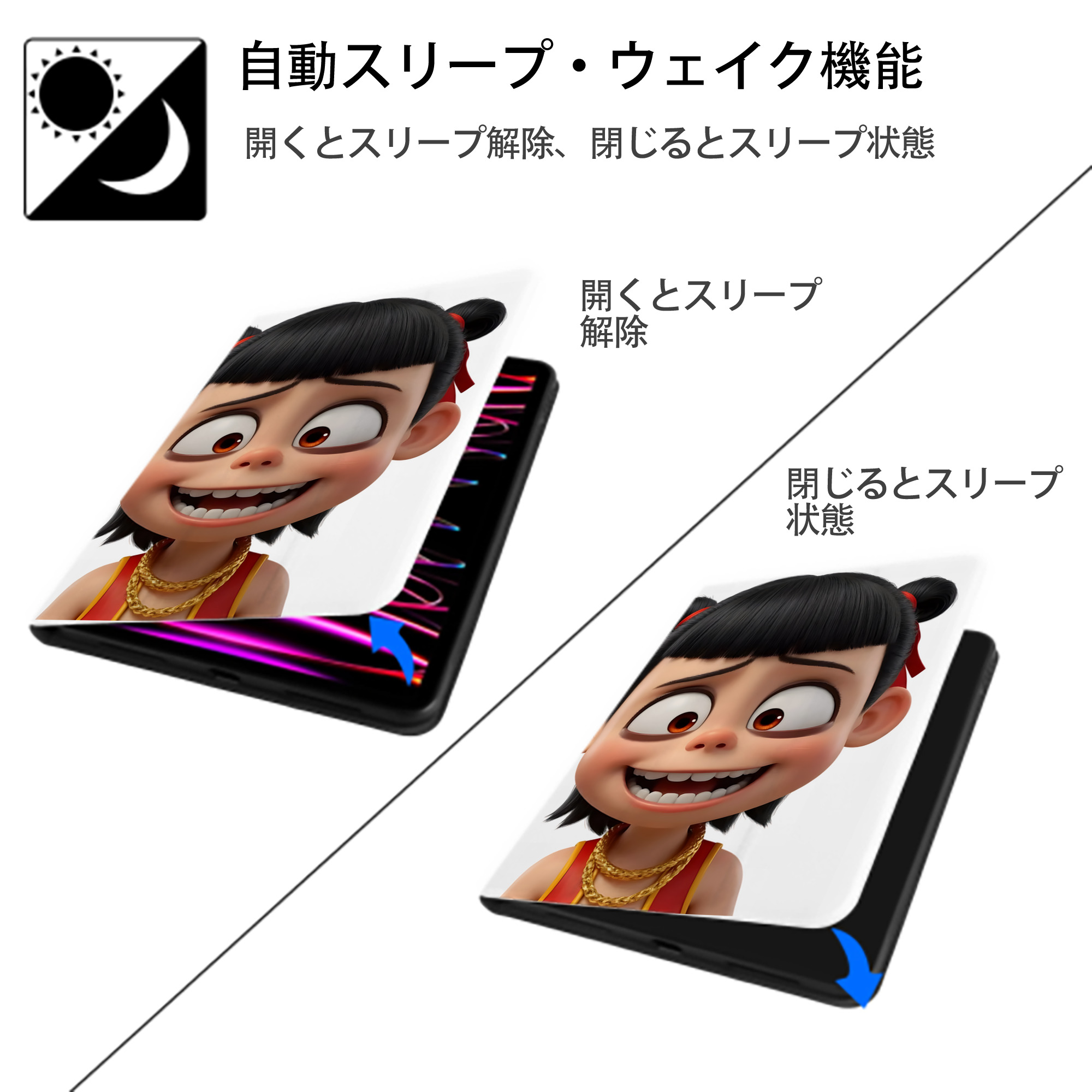 Ne Zha 2 ナタ 魔童の大暴れ IPad ケース ペン収納付き 三つ折りスタンド PUレザー×シリコン 対応機種9.5/10.5/10.9インチ