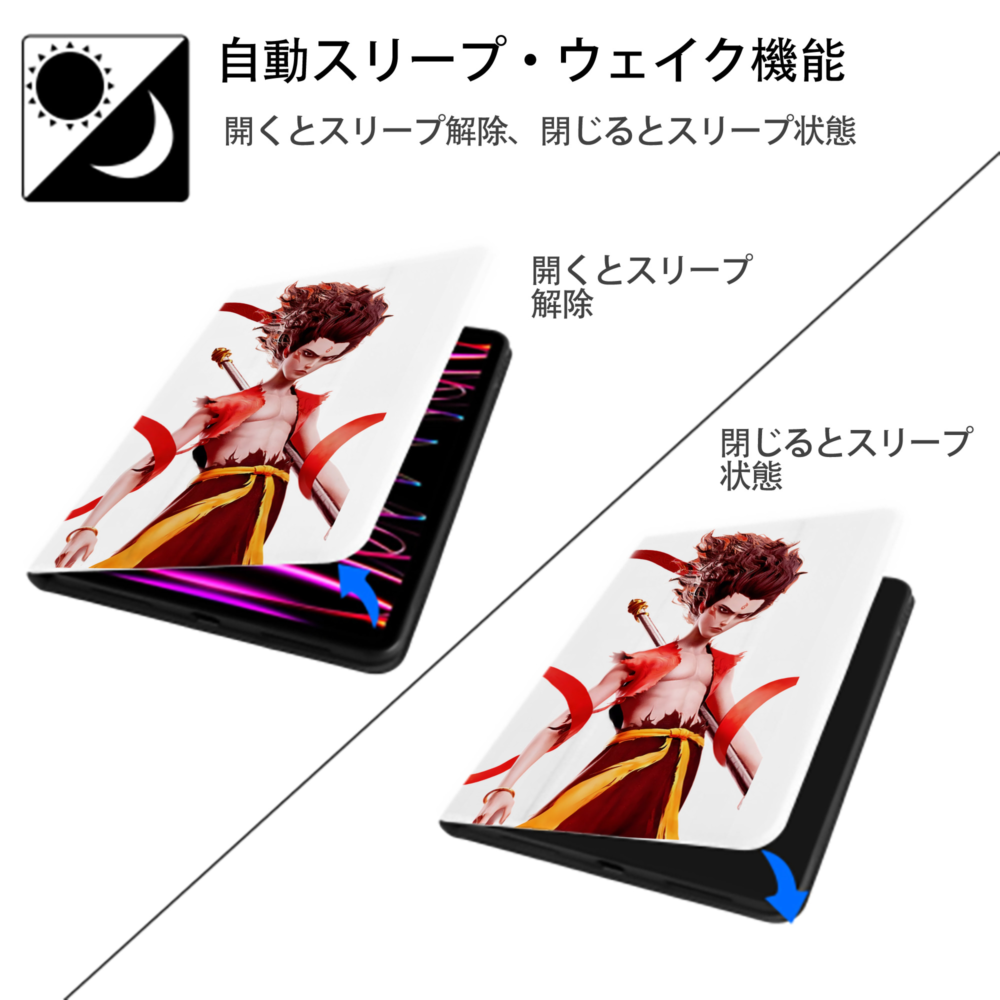 Ne Zha 2 ナタ 魔童の大暴れ IPad ケース ペン収納付き 三つ折りスタンド PUレザー×シリコン 対応機種9.5/10.5/10.9インチ