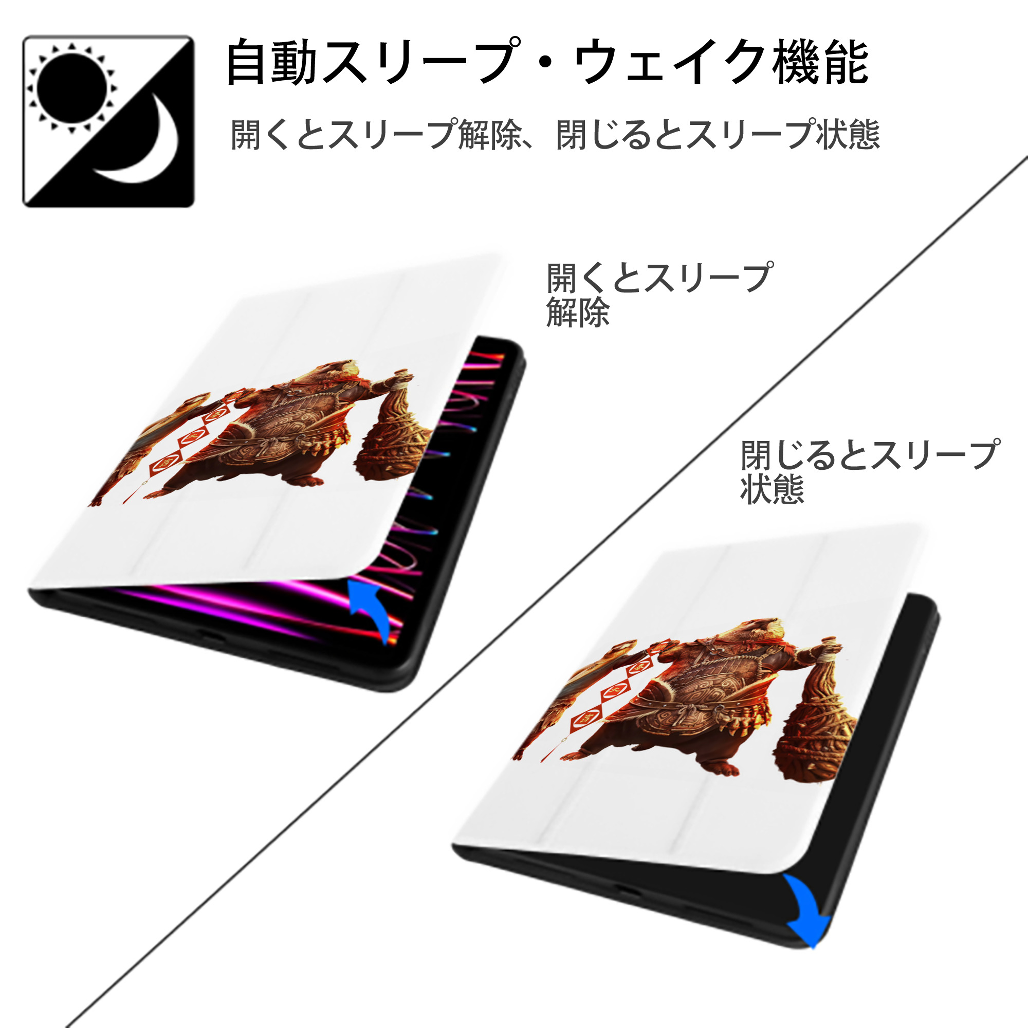 Ne Zha 2 ナタ 魔童の大暴れ IPad ケース ペン収納付き 三つ折りスタンド PUレザー×シリコン 対応機種9.5/10.5/10.9インチ