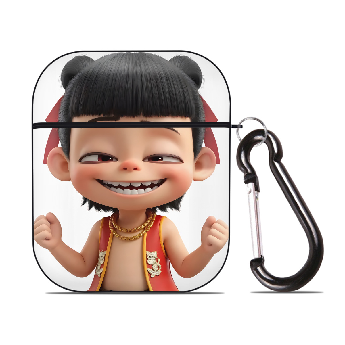 （画像用） Ne Zha 2 ナタ 魔童の大暴れ AirPods 第2世代保護ケース ハードシェル ブラック 耐衝撃・防指紋・カラビナ付き