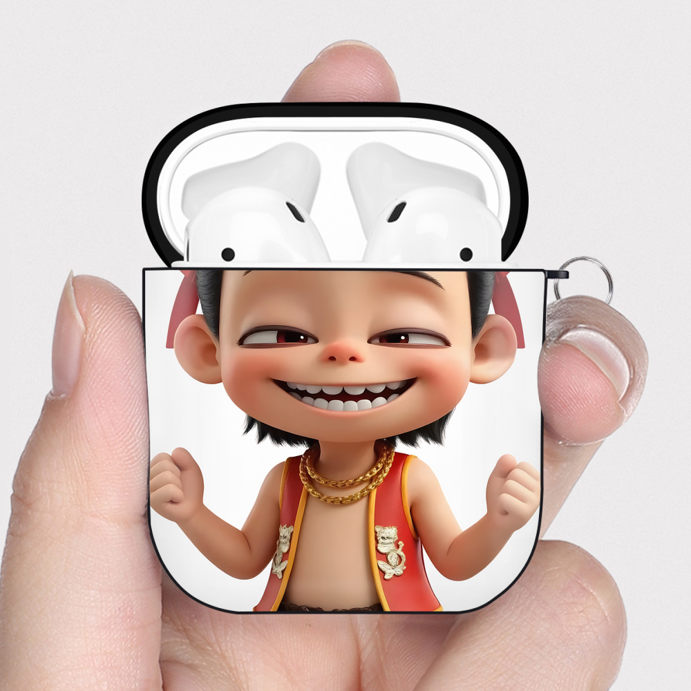 （画像用） Ne Zha 2 ナタ 魔童の大暴れ AirPods 第2世代保護ケース ハードシェル ブラック 耐衝撃・防指紋・カラビナ付き
