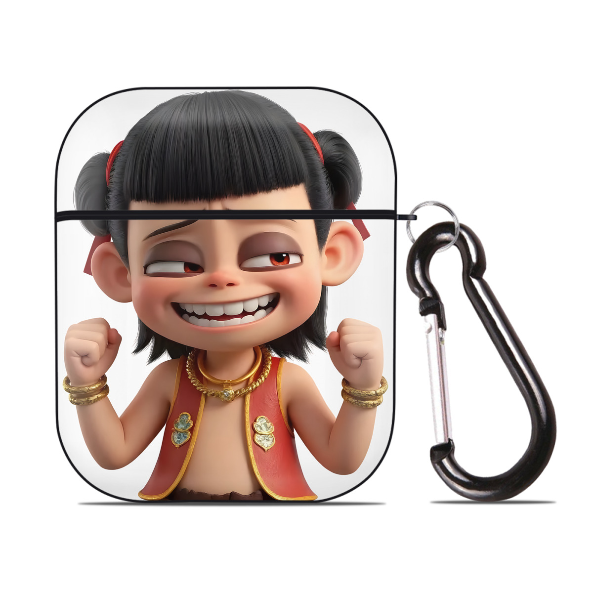 （画像用） Ne Zha 2 ナタ 魔童の大暴れ AirPods 第2世代保護ケース ハードシェル ブラック 耐衝撃・防指紋・カラビナ付き