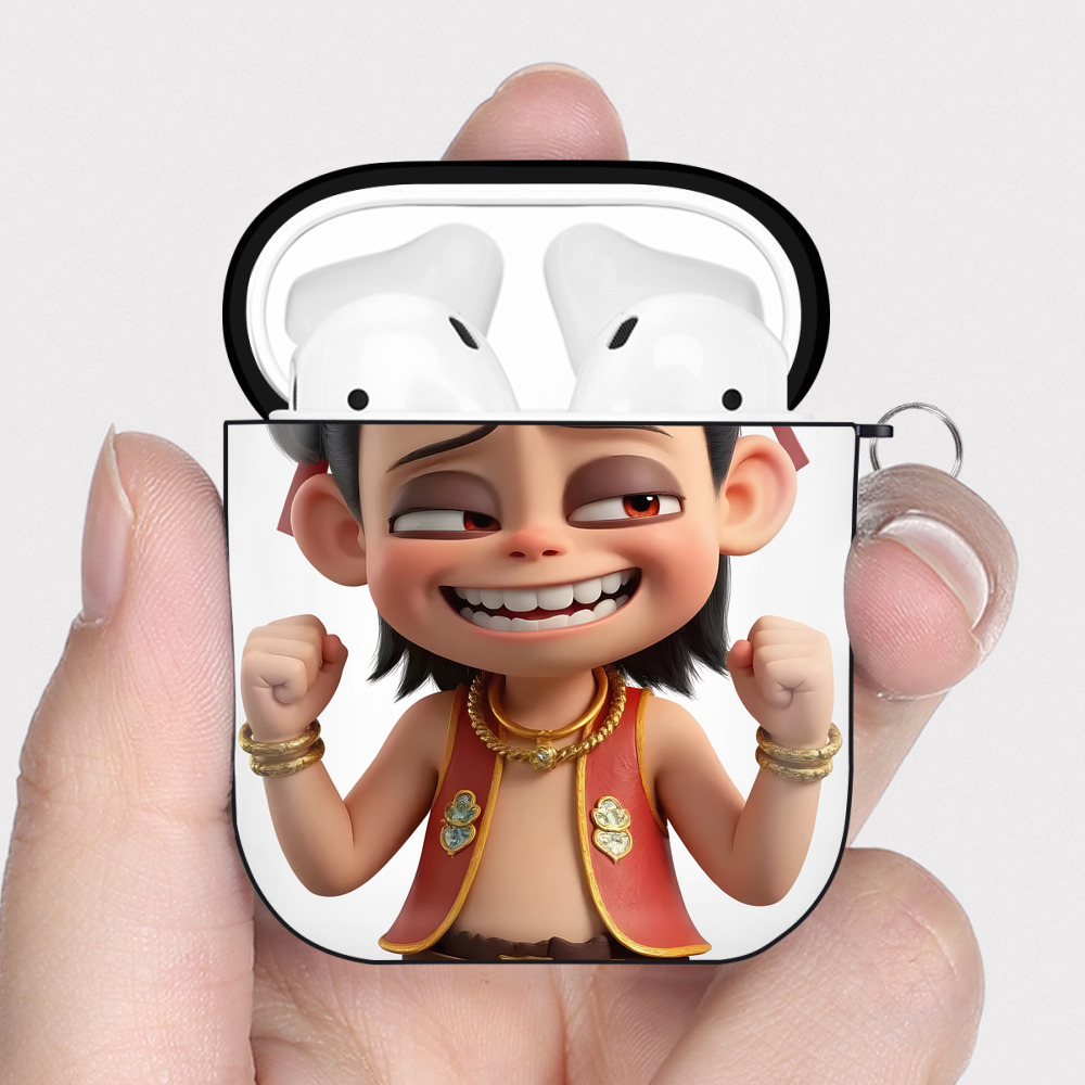 （画像用） Ne Zha 2 ナタ 魔童の大暴れ AirPods 第2世代保護ケース ハードシェル ブラック 耐衝撃・防指紋・カラビナ付き