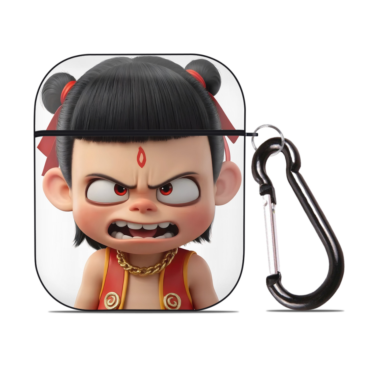 （画像用） Ne Zha 2 ナタ 魔童の大暴れ AirPods 第2世代保護ケース ハードシェル ブラック 耐衝撃・防指紋・カラビナ付き