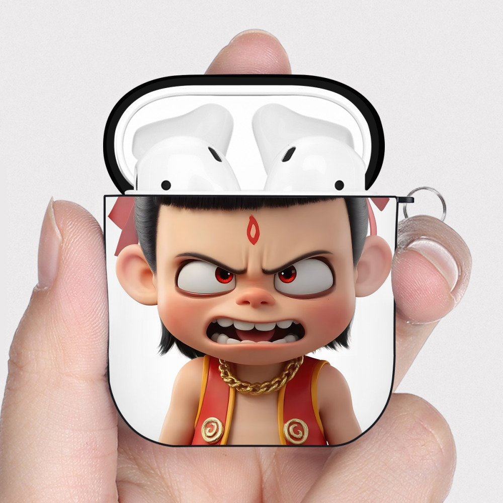 （画像用） Ne Zha 2 ナタ 魔童の大暴れ AirPods 第2世代保護ケース ハードシェル ブラック 耐衝撃・防指紋・カラビナ付き