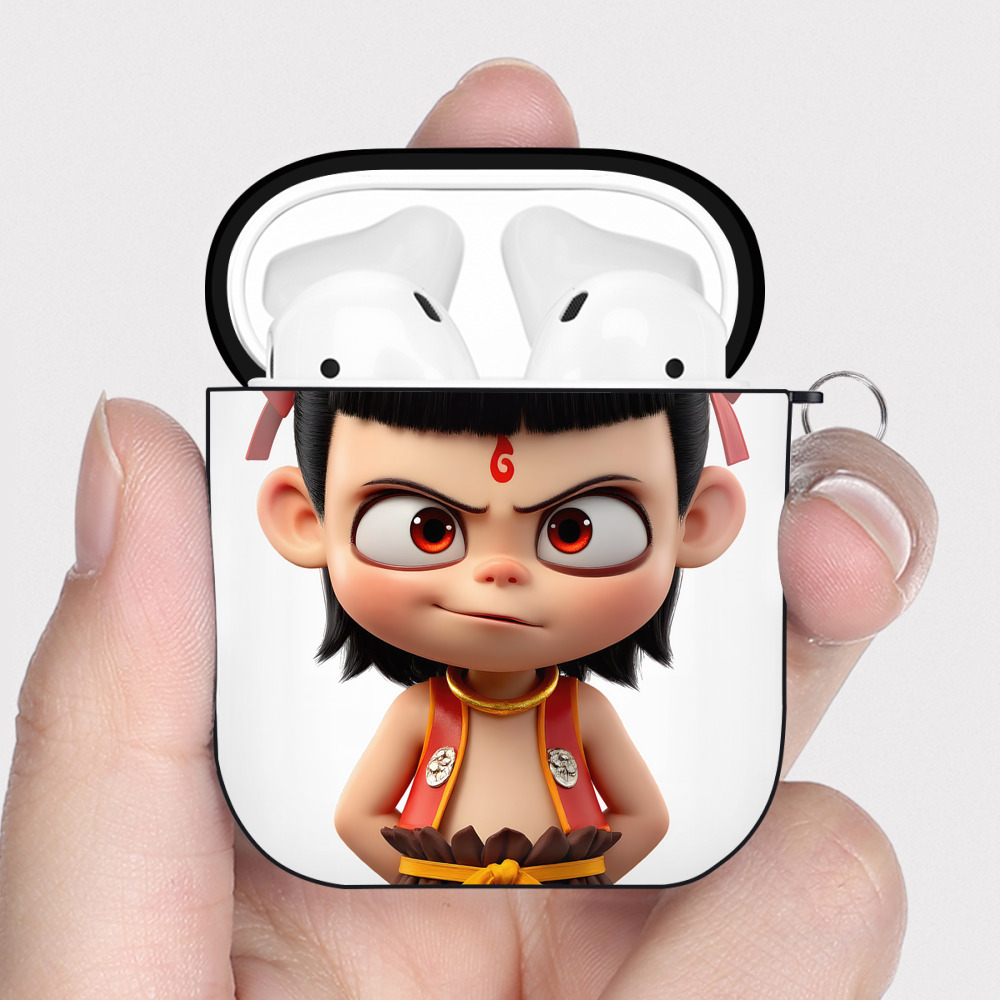 （画像用） Ne Zha 2 ナタ 魔童の大暴れ AirPods 第2世代保護ケース ハードシェル ブラック 耐衝撃・防指紋・カラビナ付き