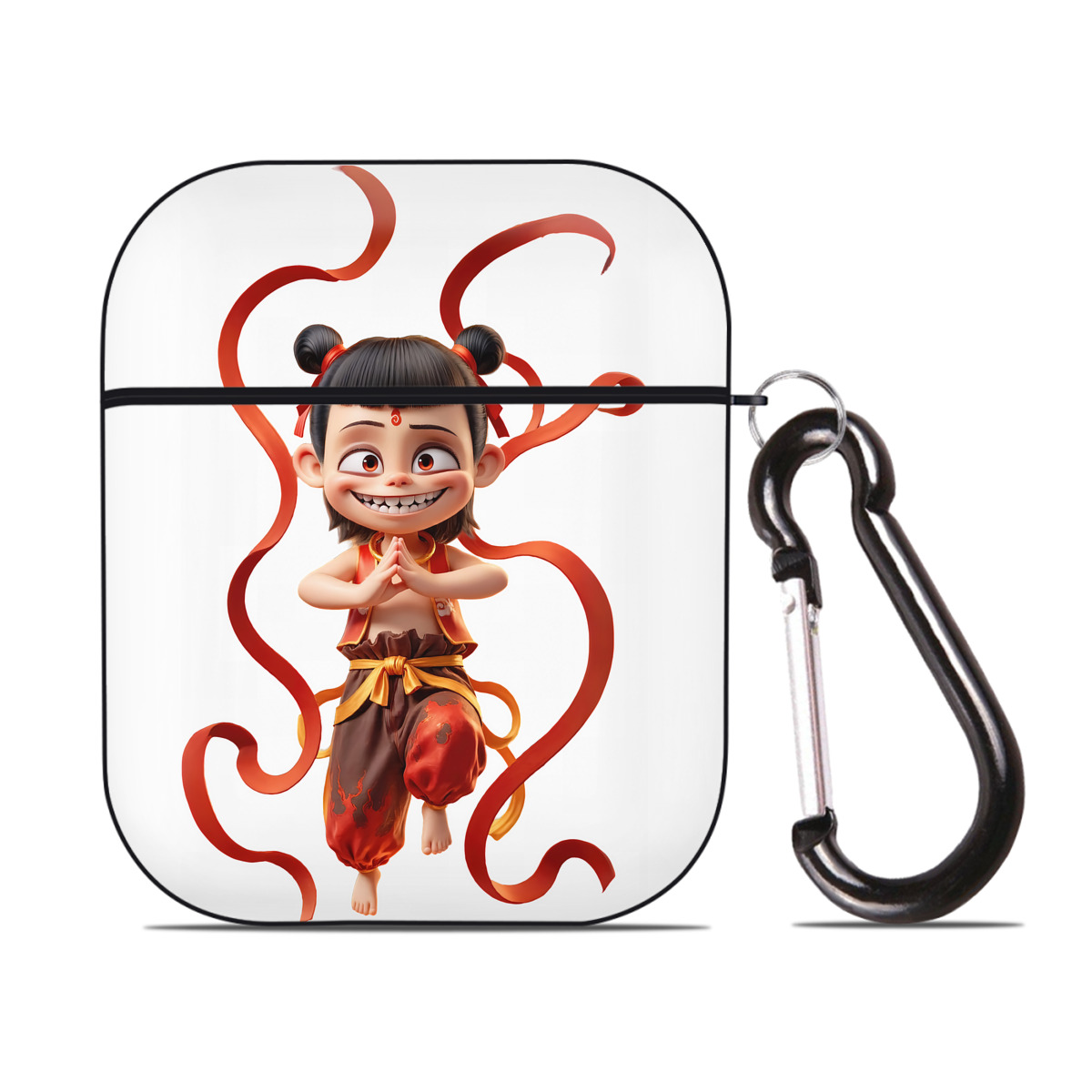 （画像用） Ne Zha 2 ナタ 魔童の大暴れ AirPods 第2世代保護ケース ハードシェル ブラック 耐衝撃・防指紋・カラビナ付き