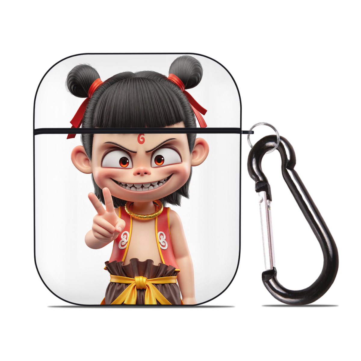 （画像用） Ne Zha 2 ナタ 魔童の大暴れ AirPods 第2世代保護ケース ハードシェル ブラック 耐衝撃・防指紋・カラビナ付き