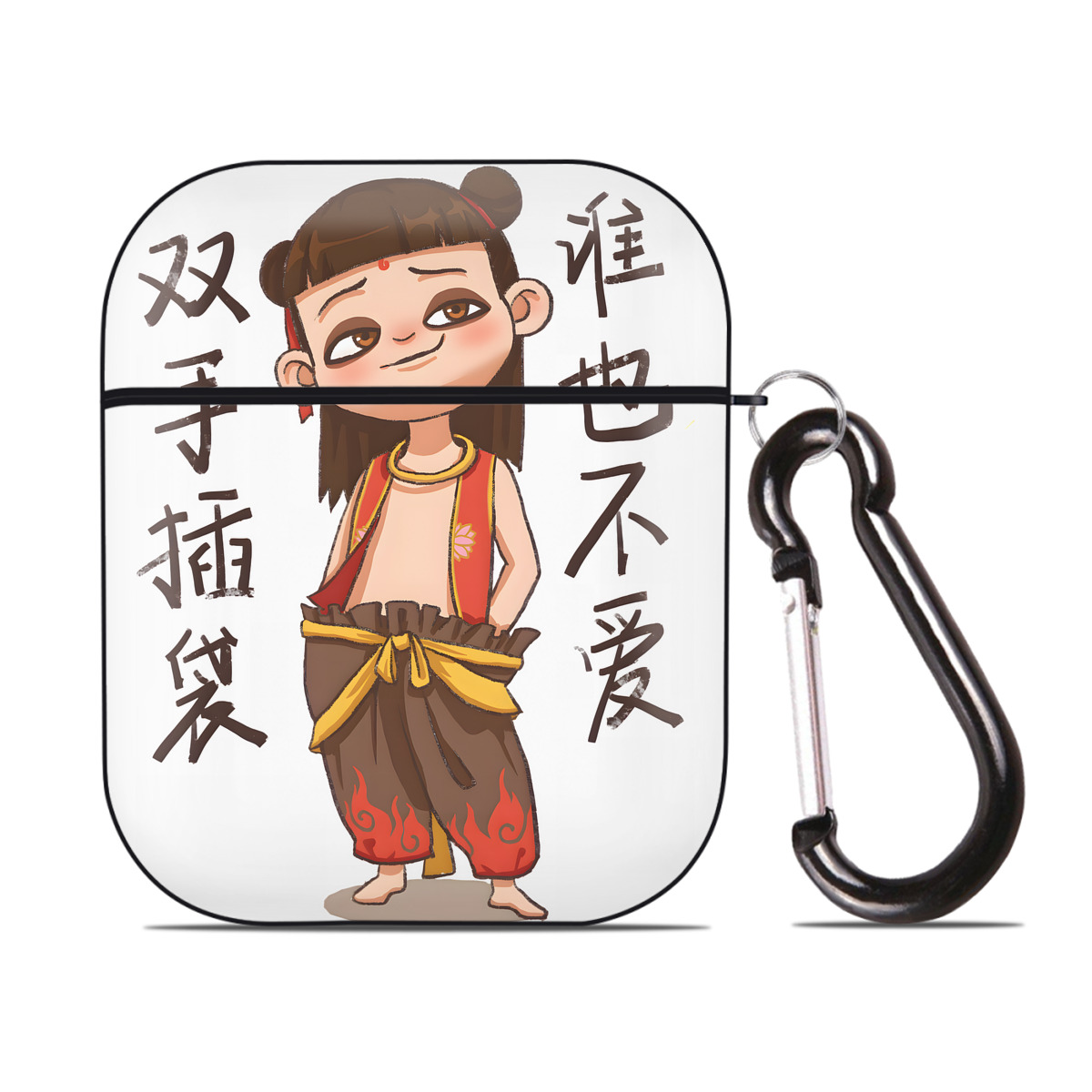 （画像用） Ne Zha 2 ナタ 魔童の大暴れ AirPods 第2世代保護ケース ハードシェル ブラック 耐衝撃・防指紋・カラビナ付き
