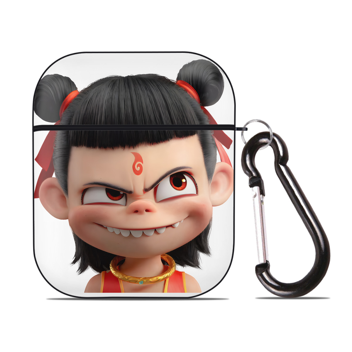 （画像用） Ne Zha 2 ナタ 魔童の大暴れ AirPods 第2世代保護ケース ハードシェル ブラック 耐衝撃・防指紋・カラビナ付き