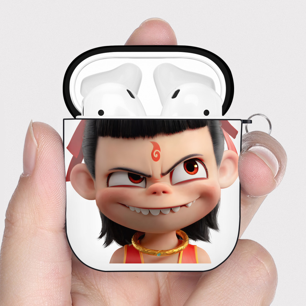 （画像用） Ne Zha 2 ナタ 魔童の大暴れ AirPods 第2世代保護ケース ハードシェル ブラック 耐衝撃・防指紋・カラビナ付き