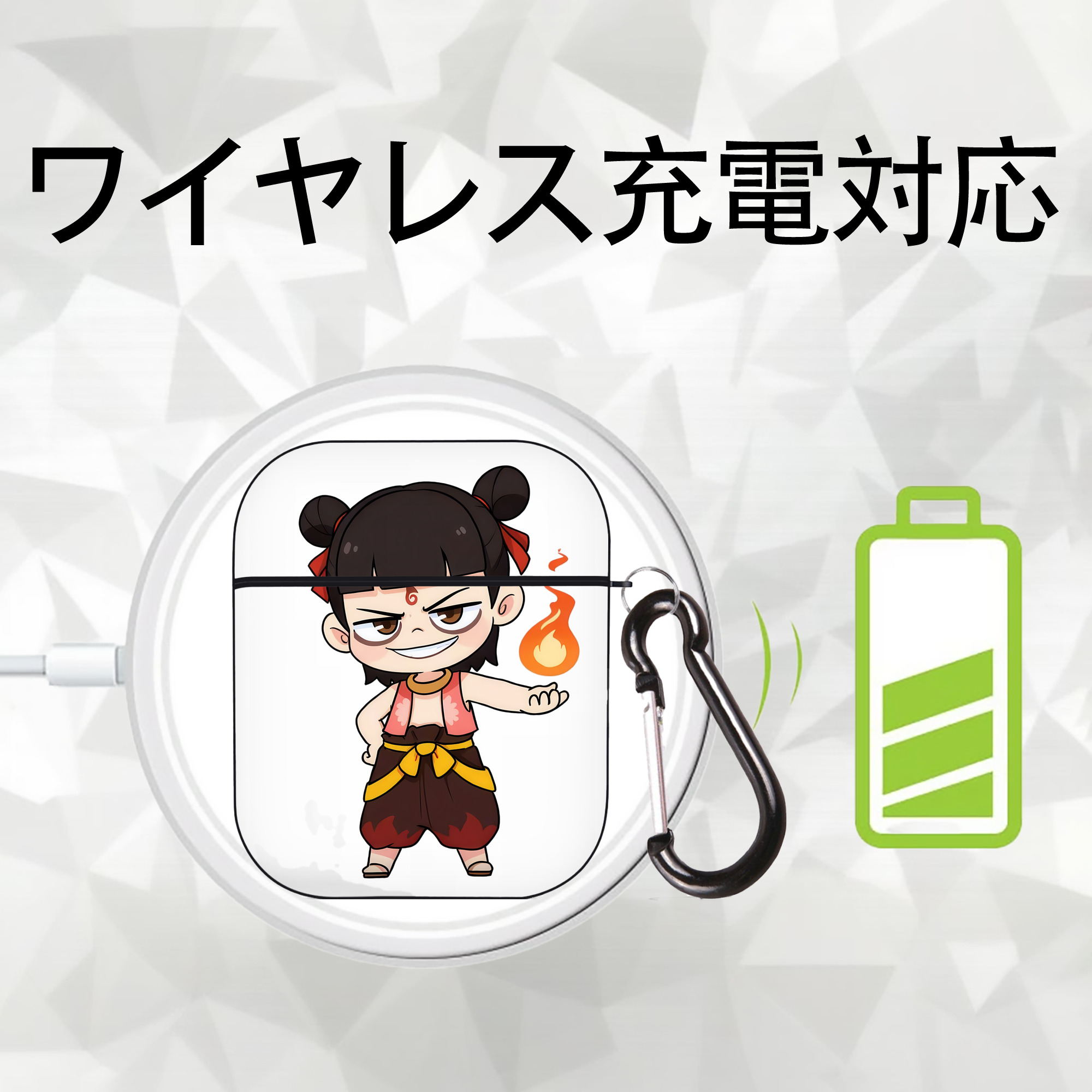 Ne Zha 2 ナタ 魔童の大暴れ AirPods 第2世代保護ケース ハードシェル ブラック 耐衝撃・防指紋・カラビナ付き